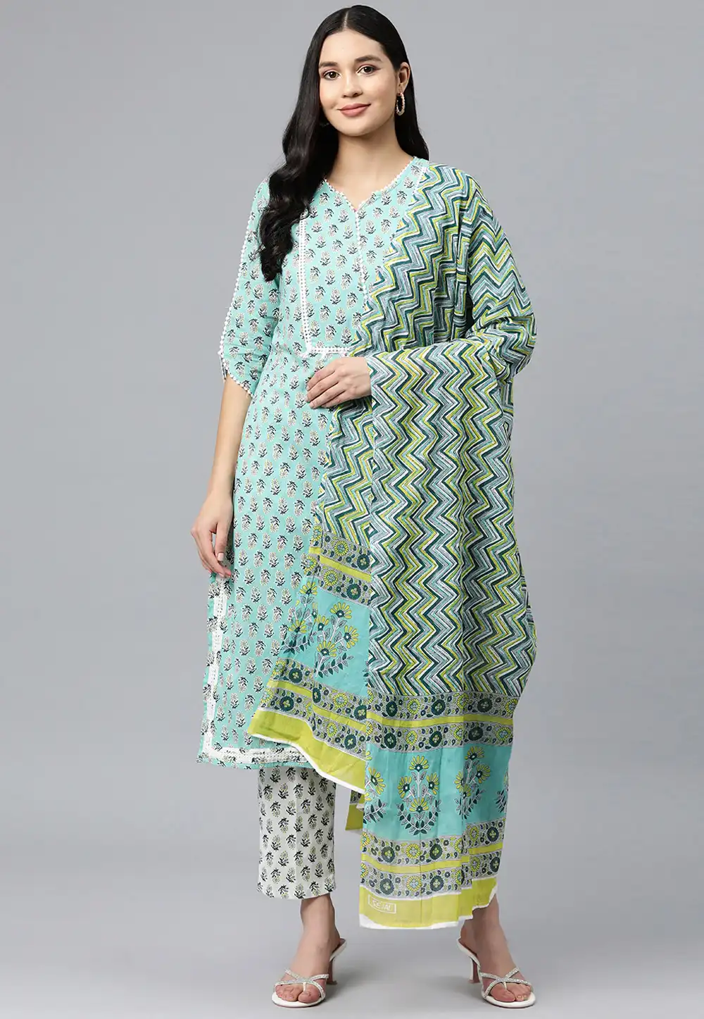 Sea Green Cotton Readymade Pant Style Suit 292674