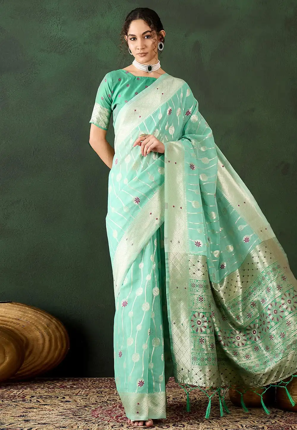 Sea Green Cotton Saree With Blouse 294352