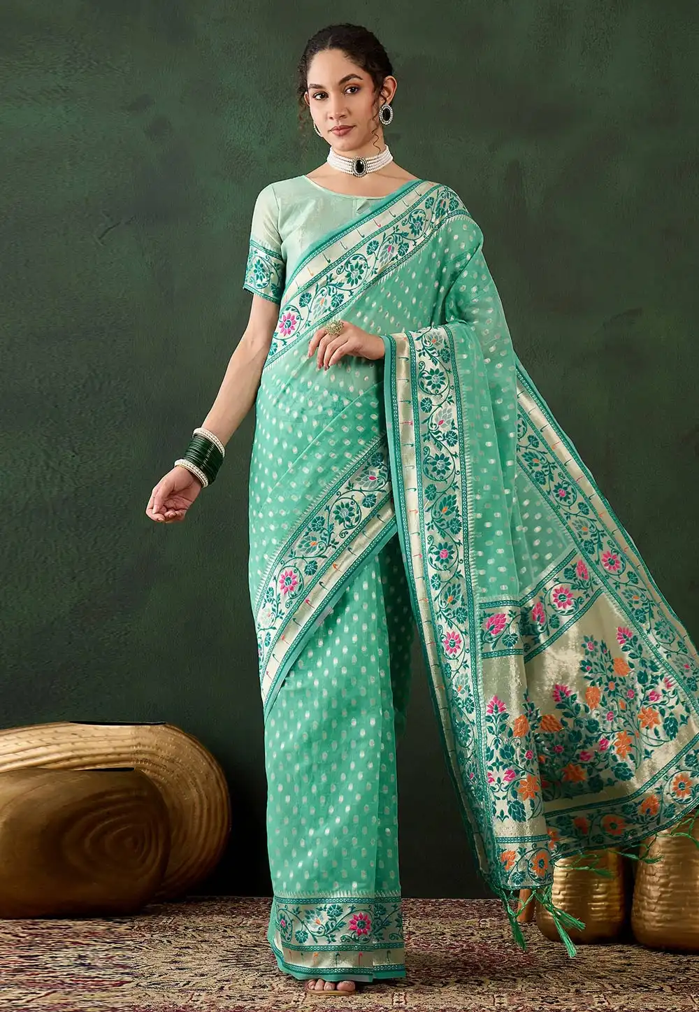 Sea Green Cotton Saree With Blouse 294357