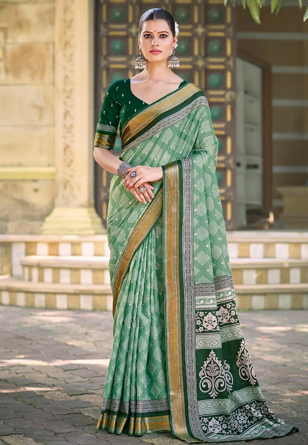 Sea Green Cotton Saree With Blouse 300112