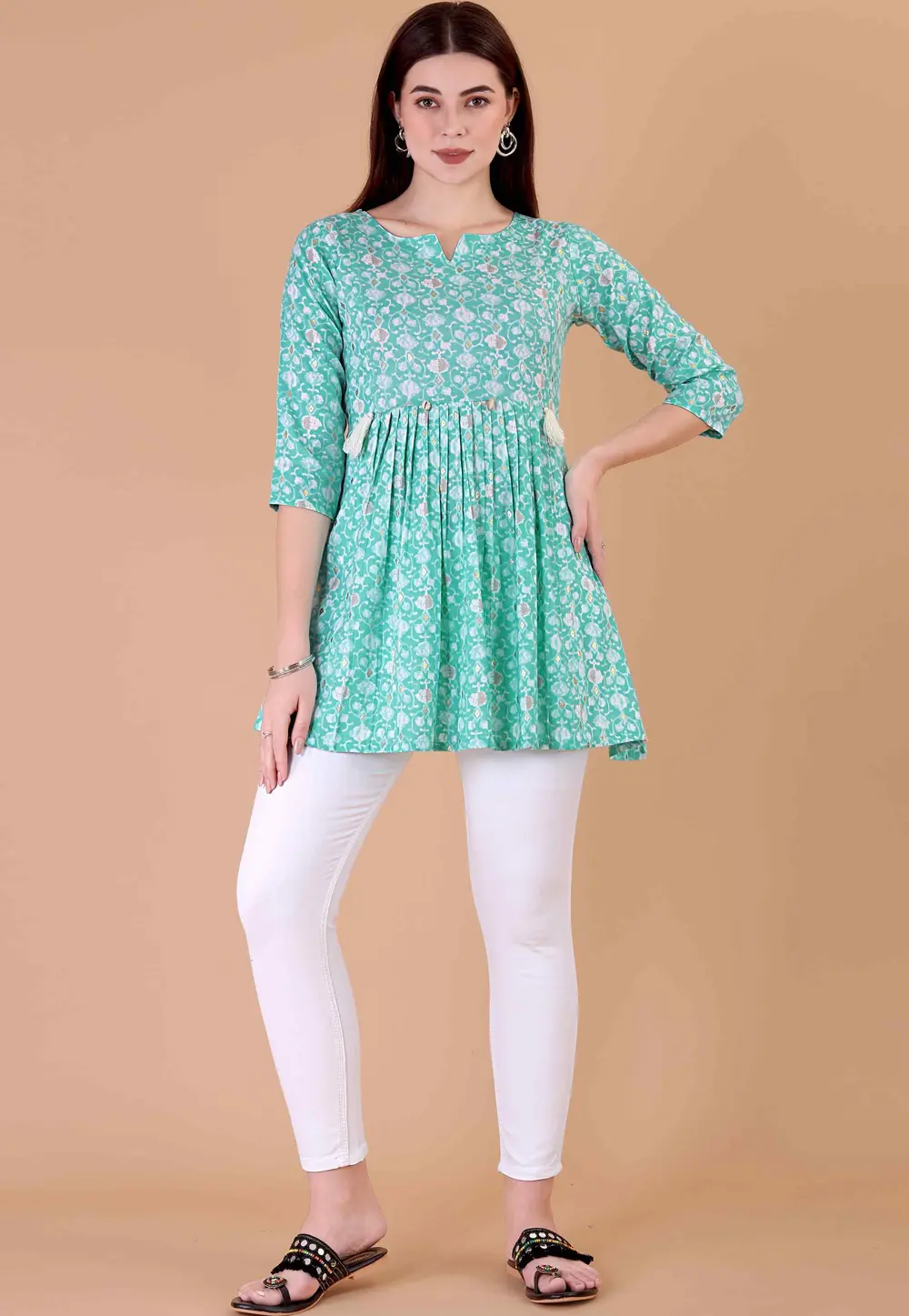 Sea Green Cotton Short Kurti for Women 302407