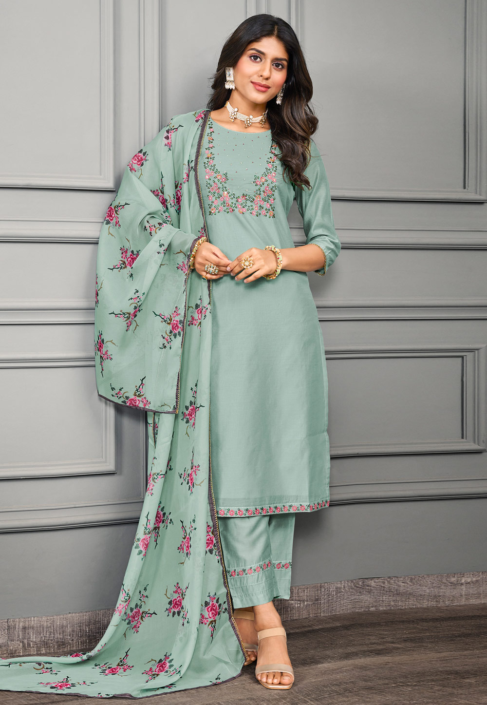 Sea Green Cotton Silk Readymade Pakistani Suit 282005
