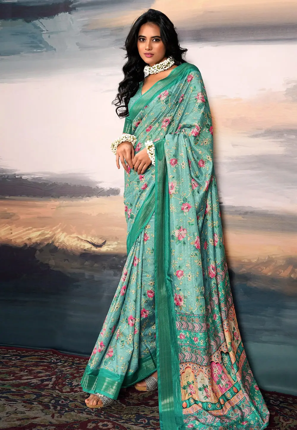 Sea Green Cotton Silk Saree With Blouse 296180