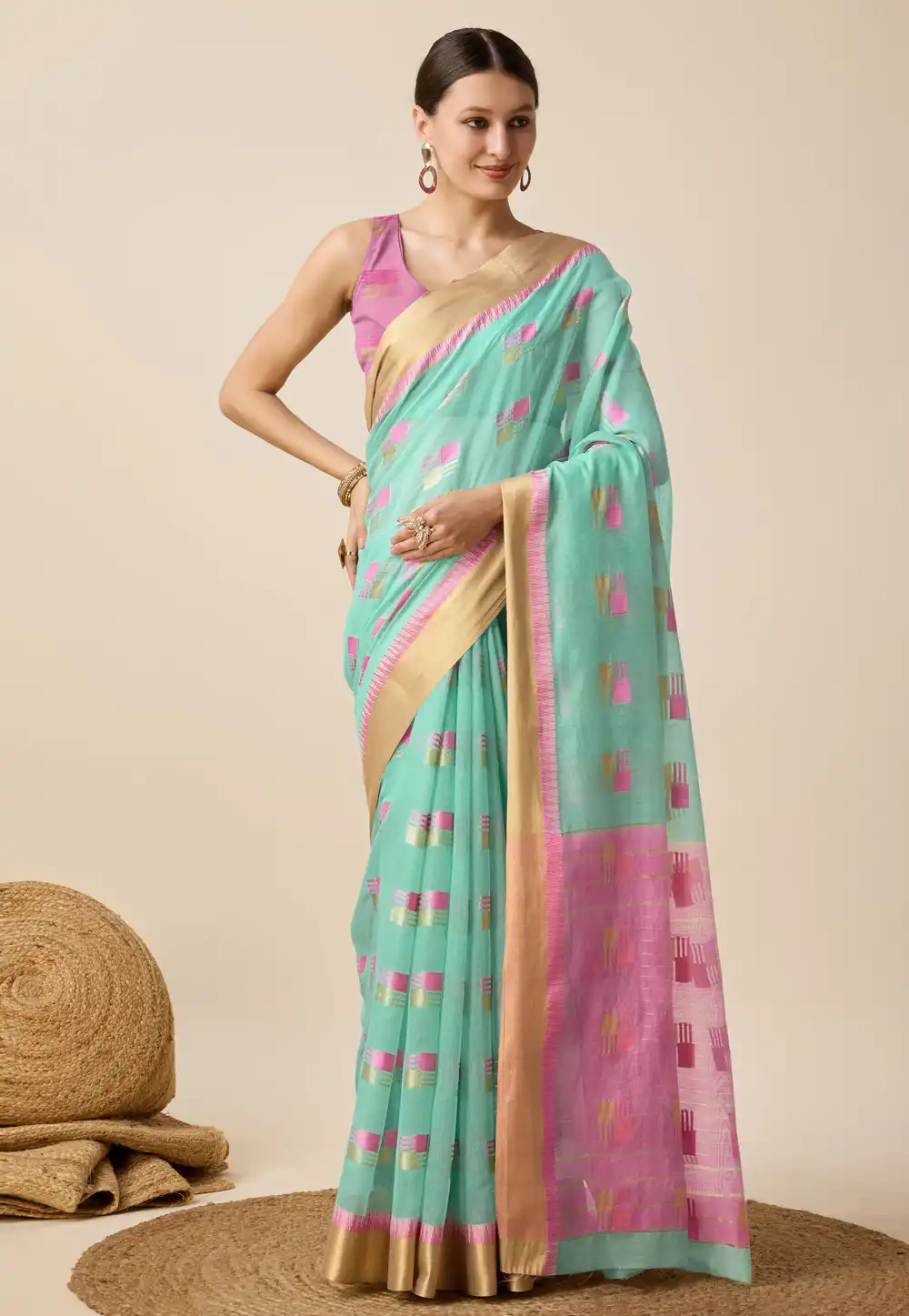 Sea Green Cotton Silk Saree With Blouse 289973