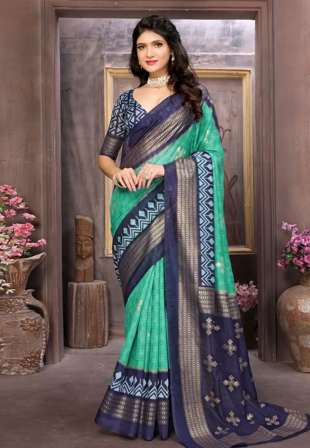 Sea Green Cotton Silk Saree With Blouse 296258