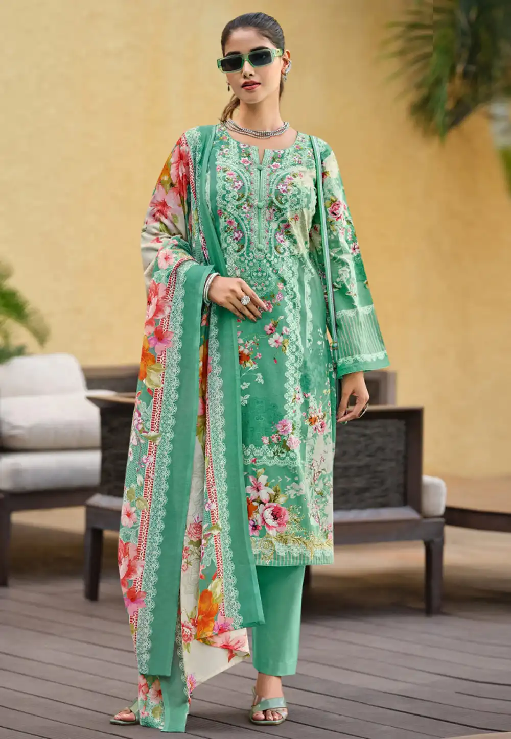 Sea Green Cotton Straight Suit 293307