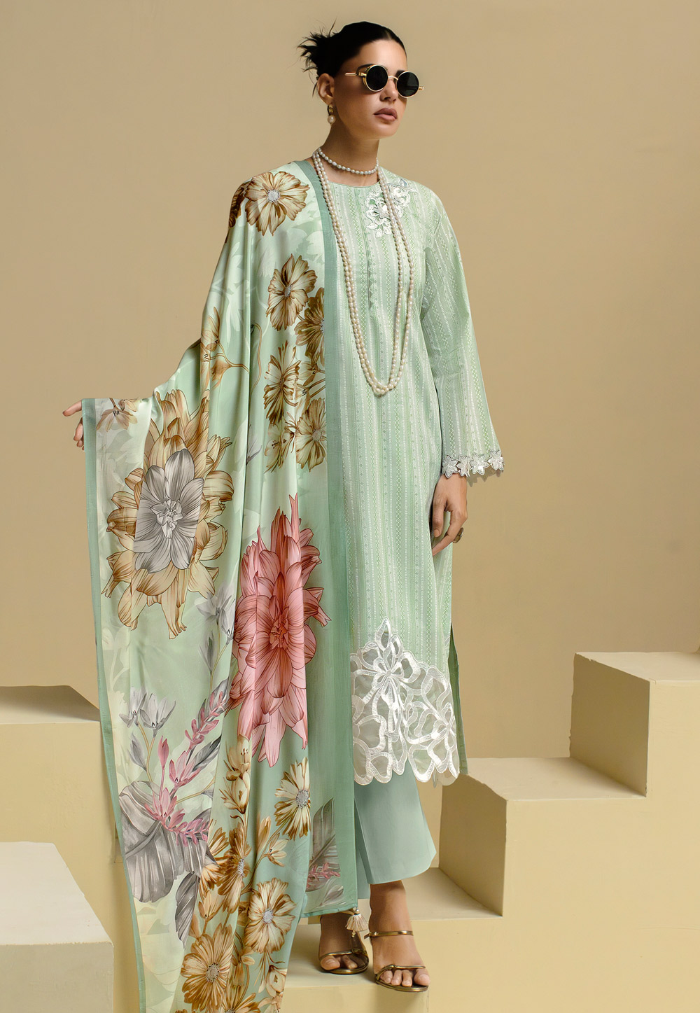 Sea Green Cotton Straight Suit 310913