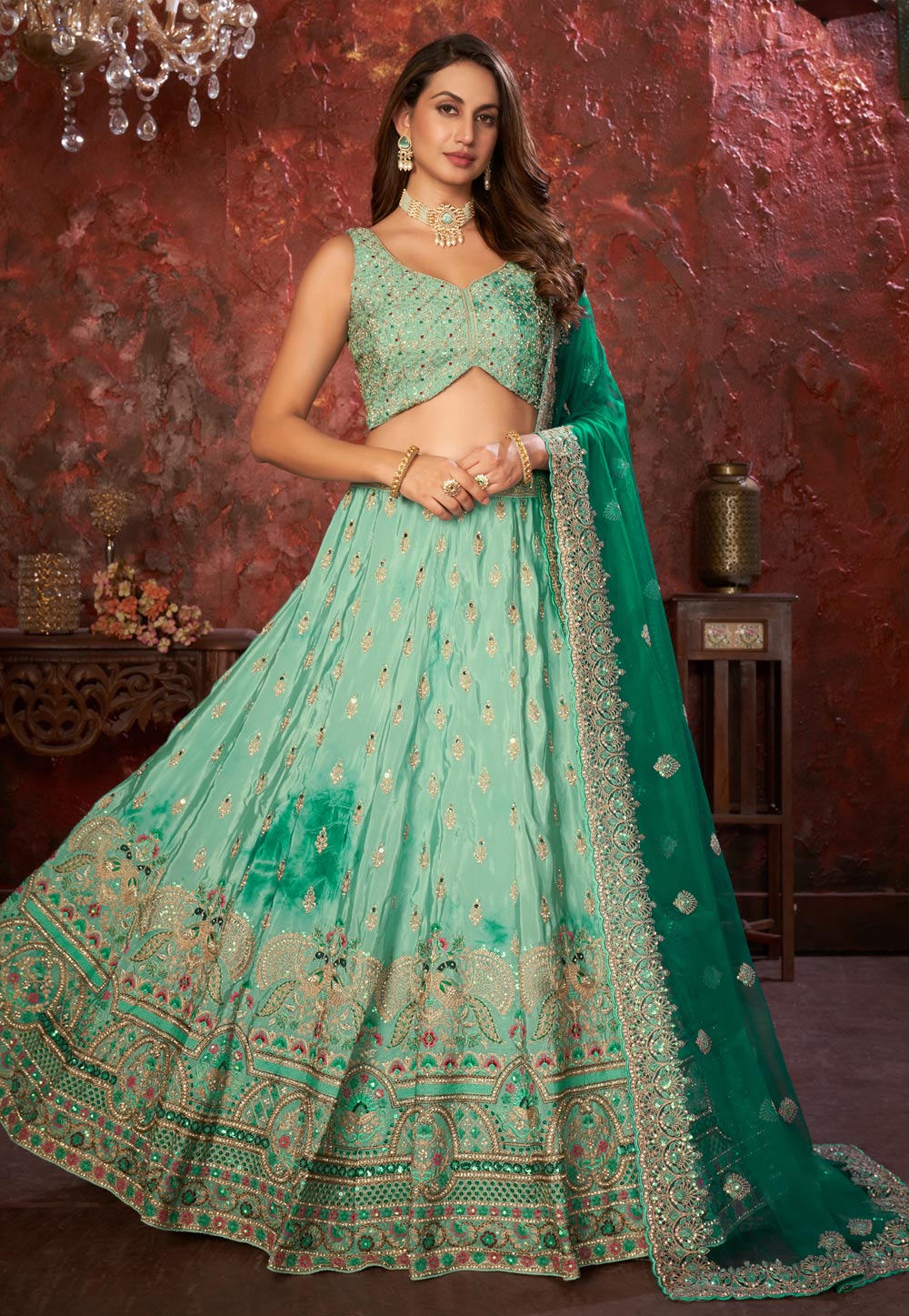 Sea Green color Viscose A Line Lehenga Choli with Embroidered