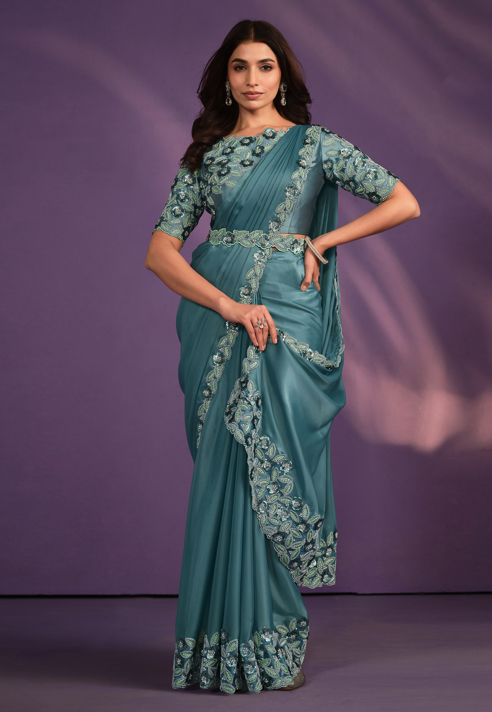 Sea Green Crepe Saree With Blouse 310847