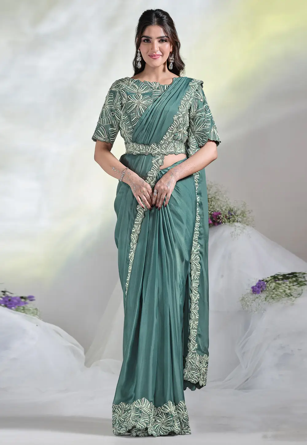 Sea Green Crepe Saree With Blouse 295892