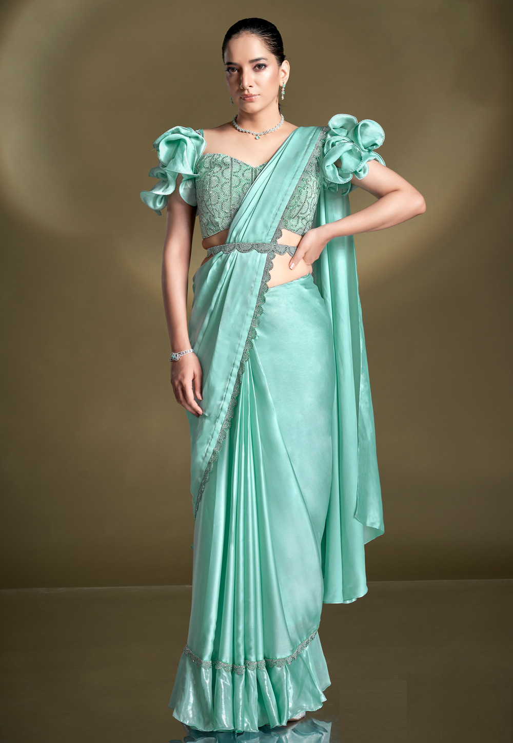 Sea Green Crepe Saree With Blouse 309648