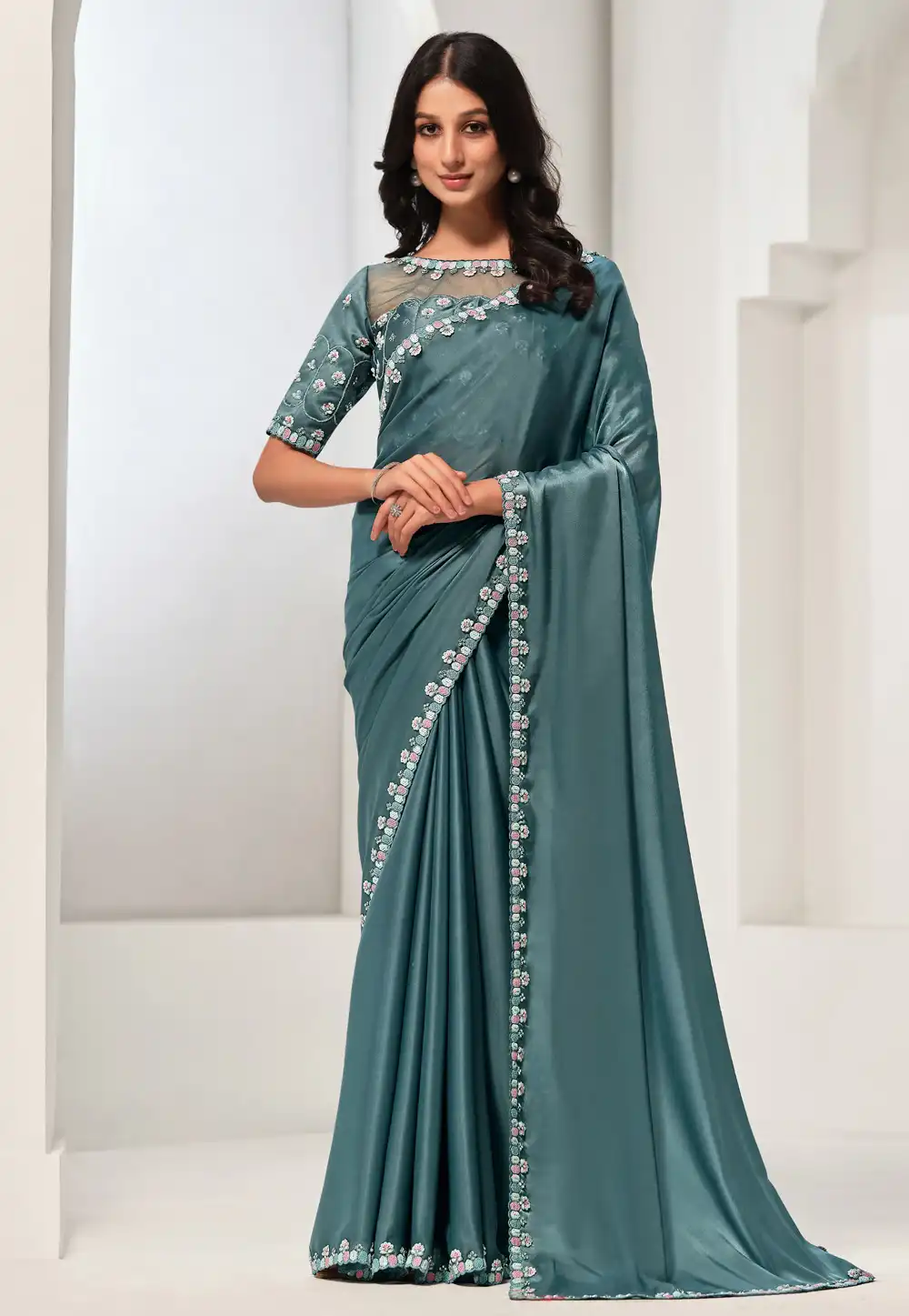 Sea Green Crepe Saree With Blouse 293077