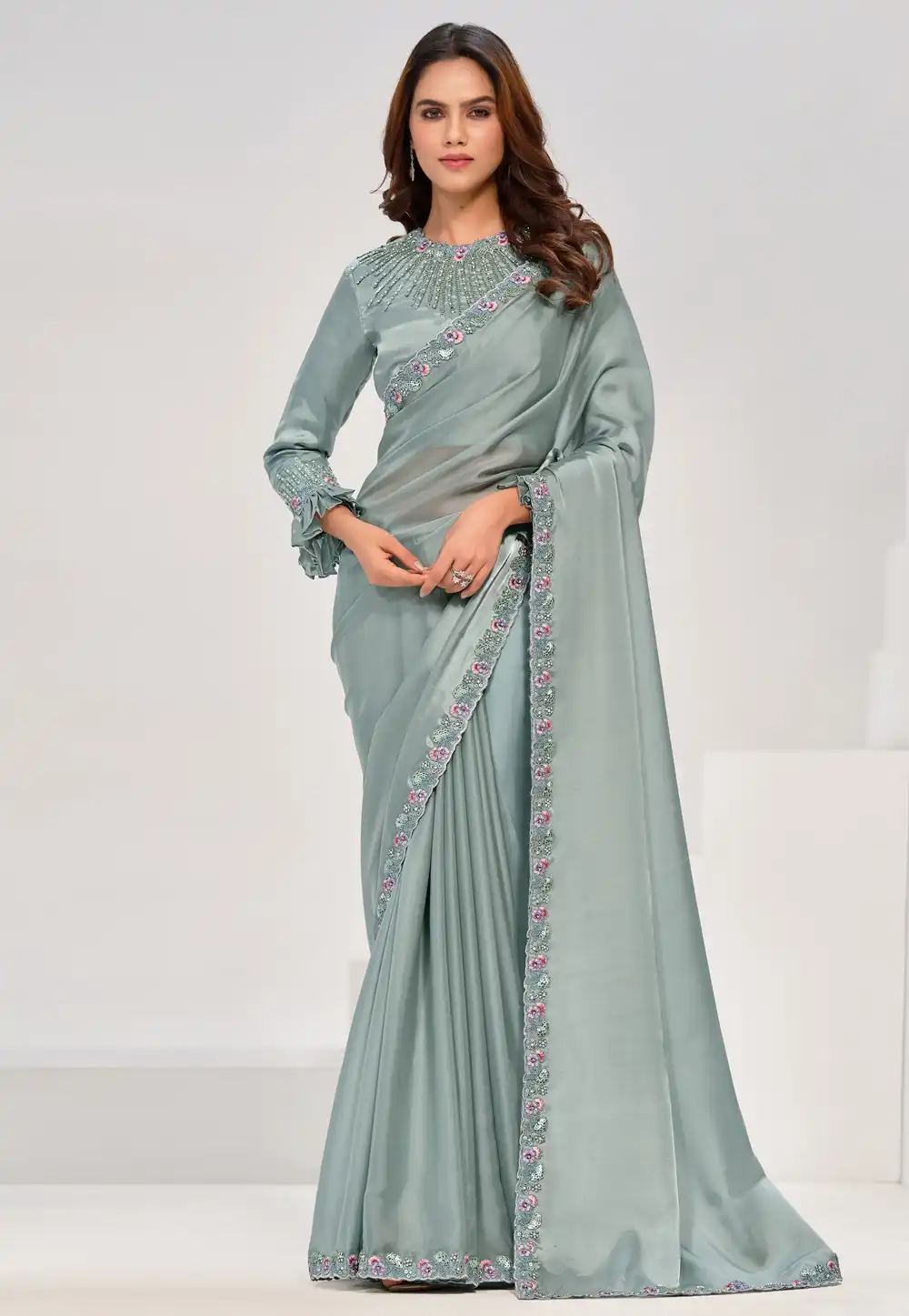 Sea Green Crepe Saree With Blouse 293079