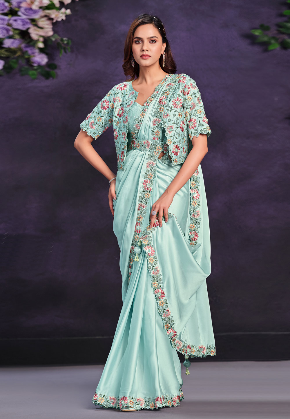 Sea Green Crepe Satin Designer Saree 286622