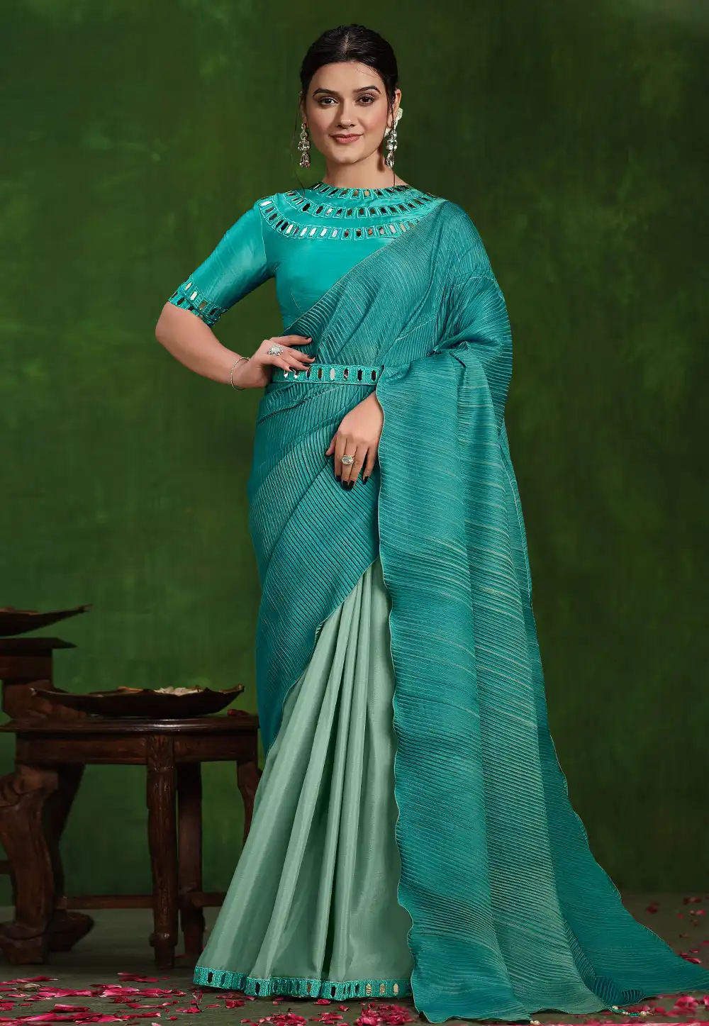 Sea Green Crepe Silk Half N Half Saree 294734