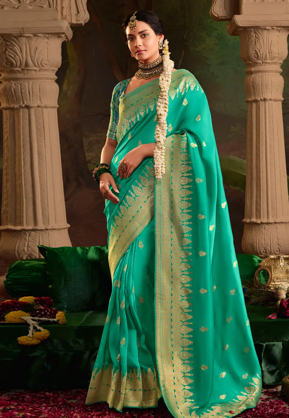 Sea Green Crepe Silk Saree With Blouse 301421