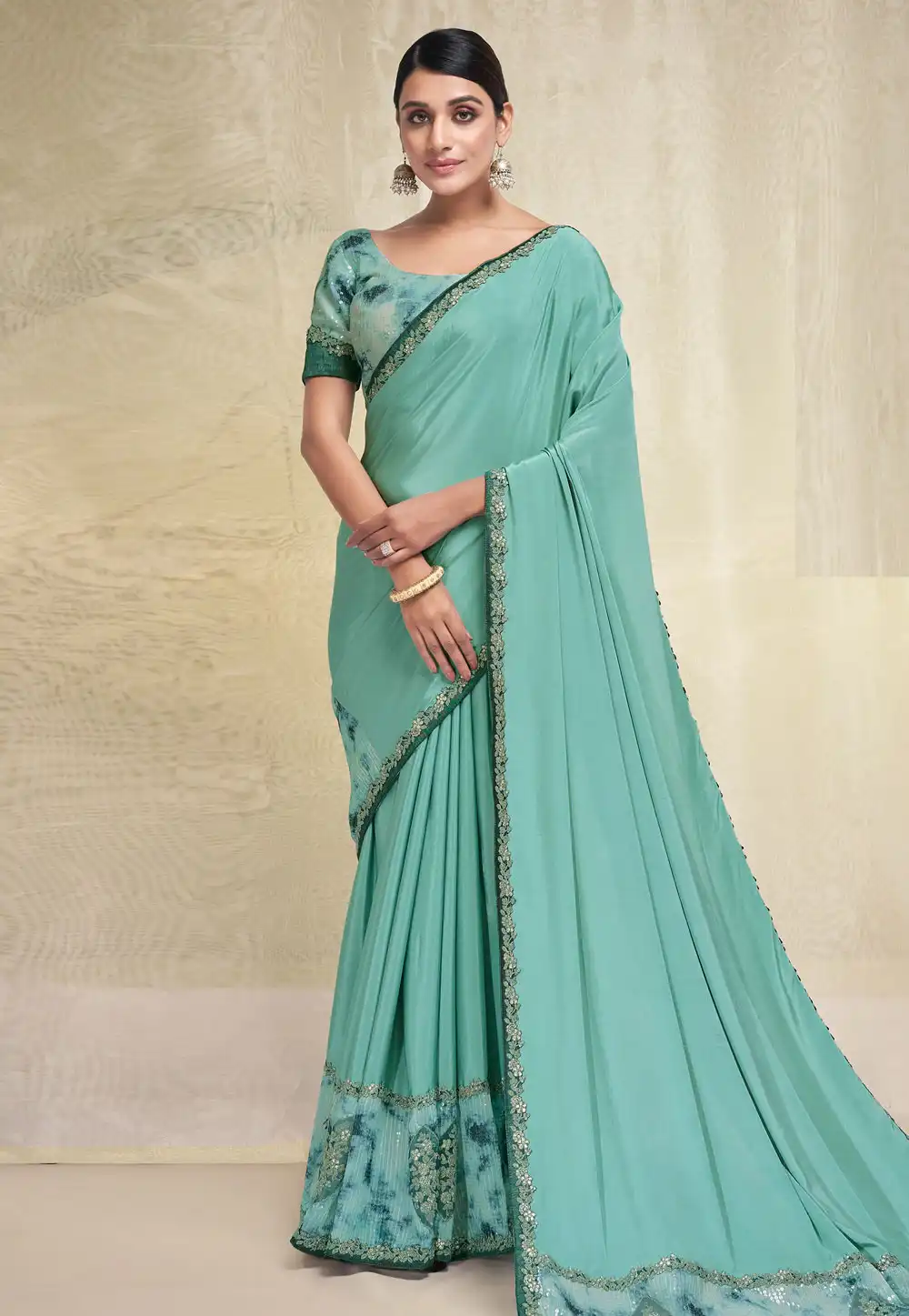 Sea Green Crepe Silk Saree With Blouse 291787