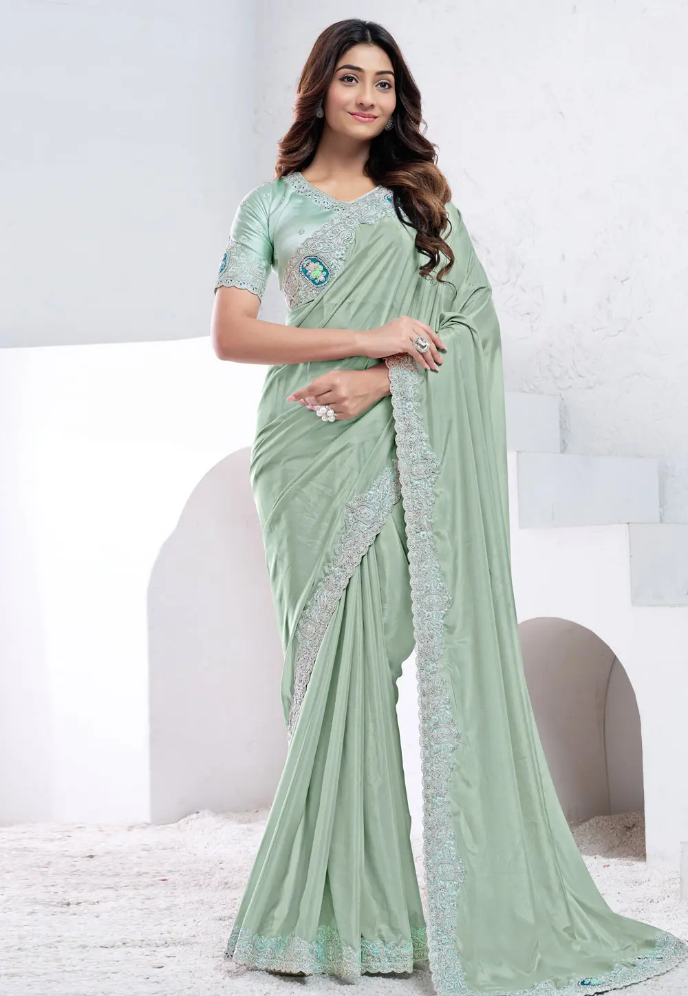 Sea Green Crepe Silk Saree With Blouse 301280