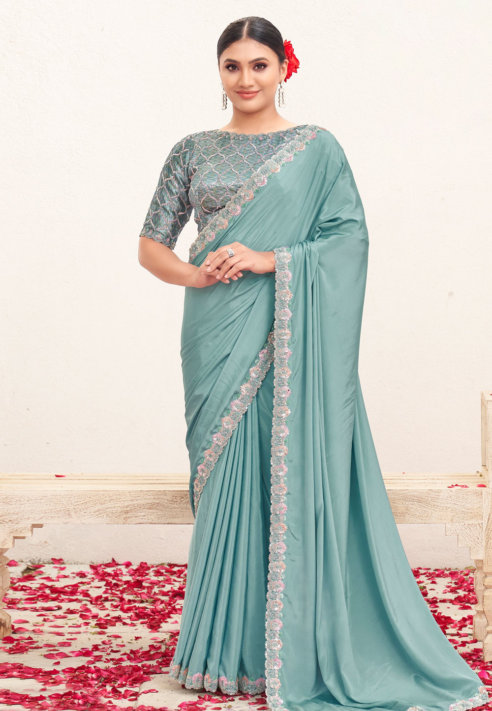 Sea Green Crepe Silk Saree With Blouse 309433