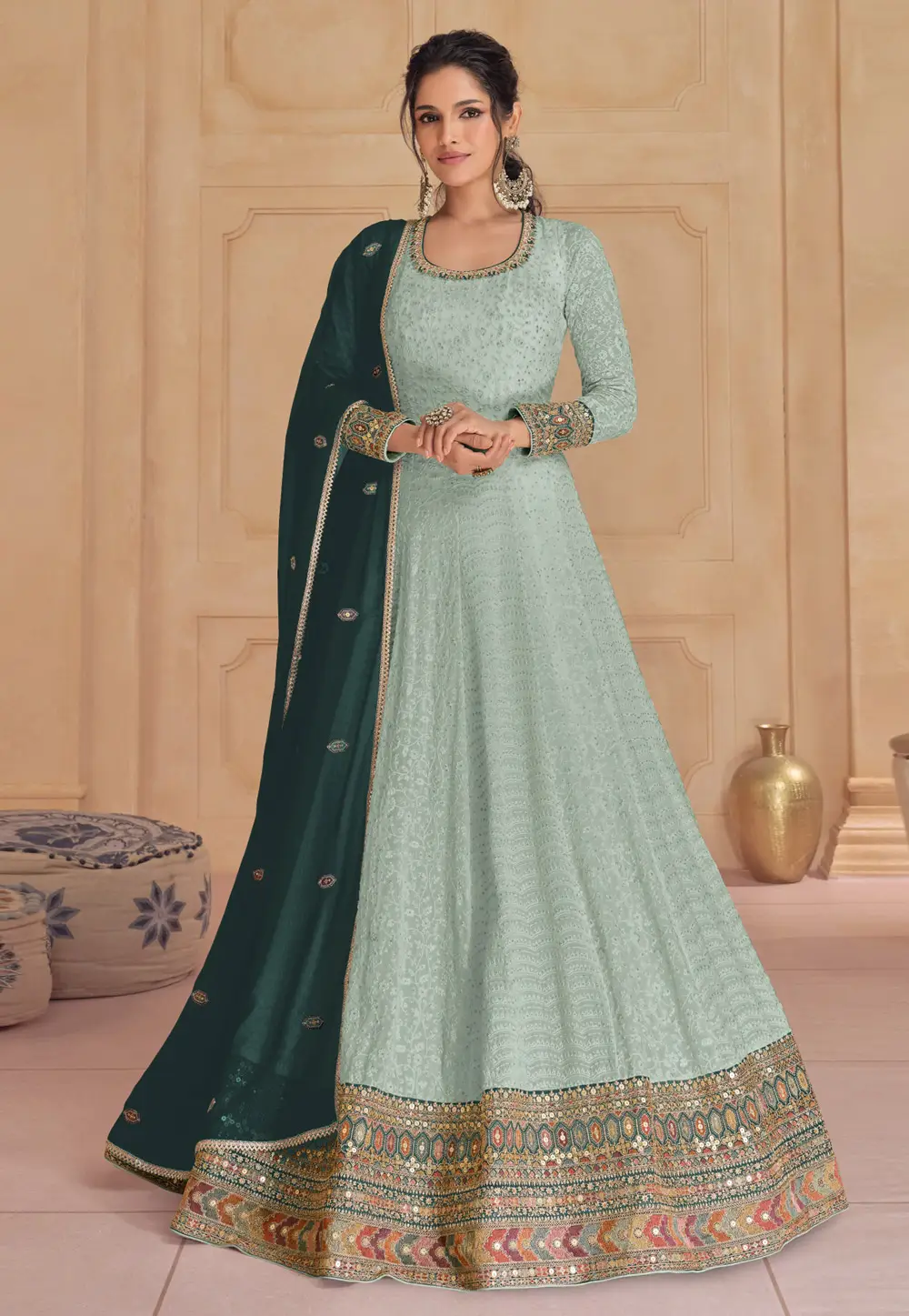 Sea Green Faux Georgette Embroidered Anarkali Suit 296827