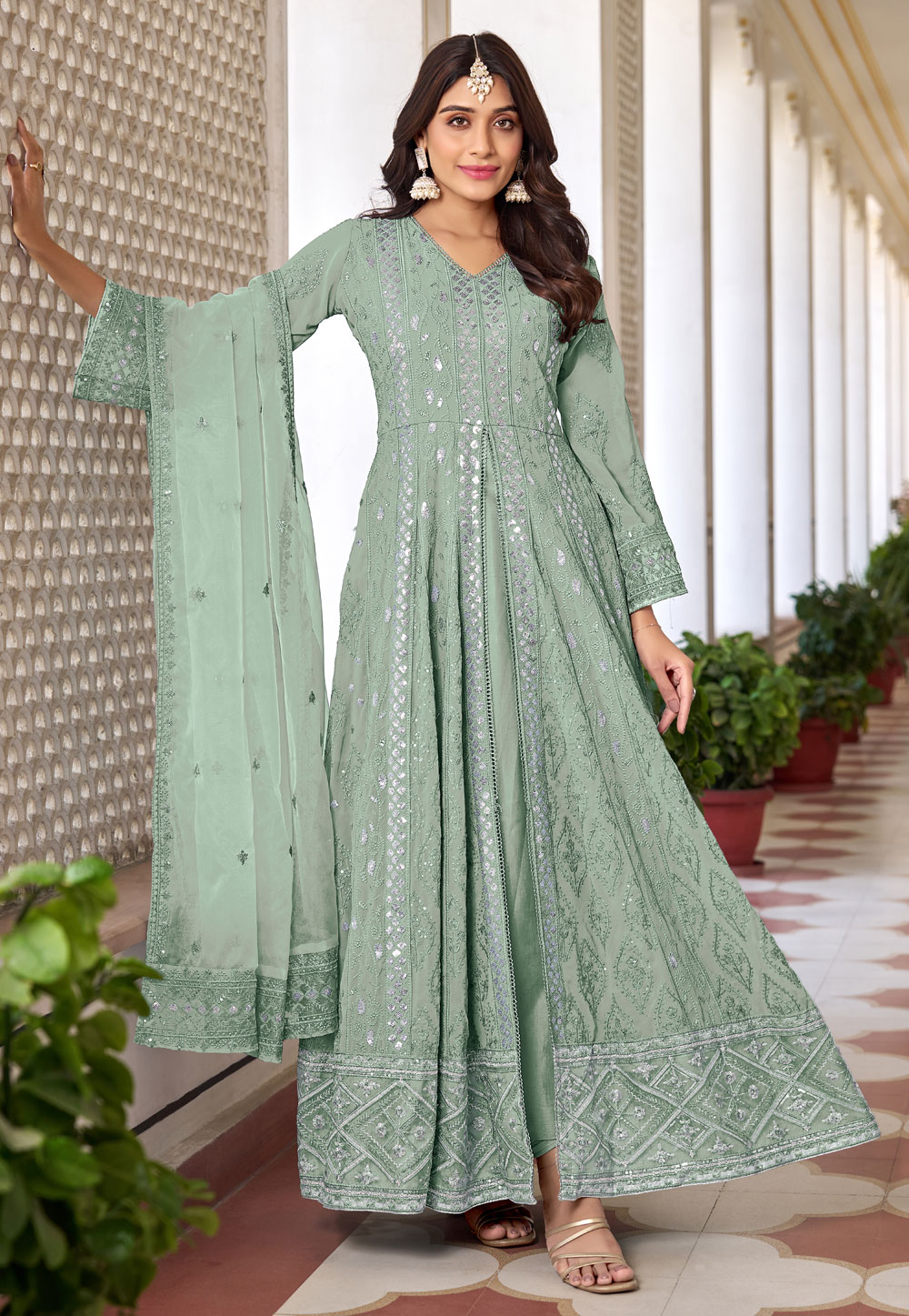 Sea Green Faux Georgette Embroidered Pant Style Suit 279308
