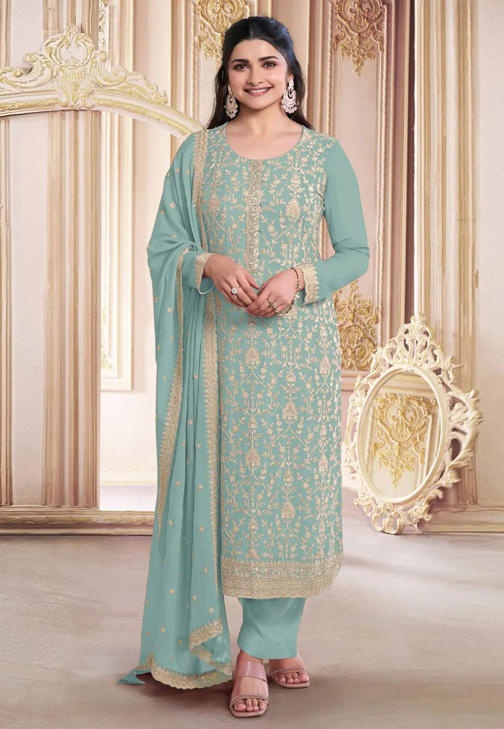 Sea Green Faux Georgette Embroidered Pant Style Suit 297082