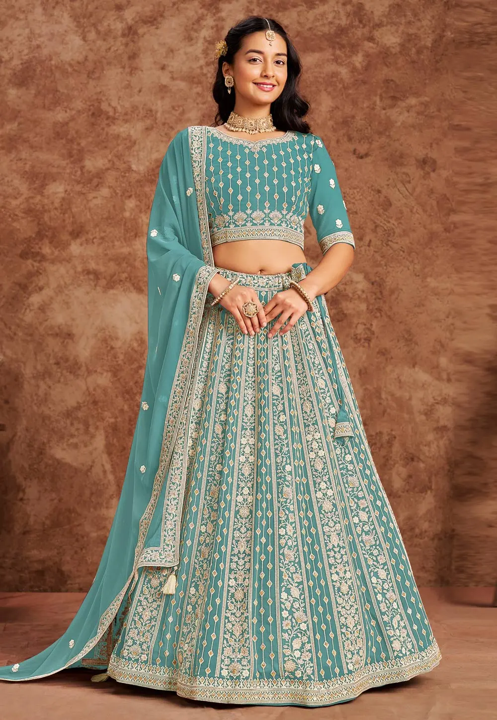 Sea Green Faux Georgette Lehenga Choli 302373