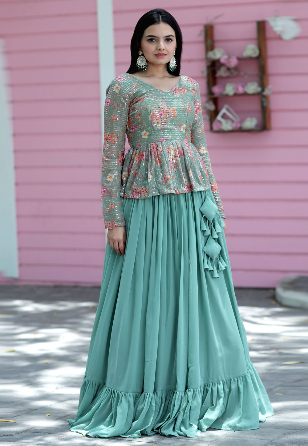 Sea Green Faux Georgette Long Choli Lehenga 286553