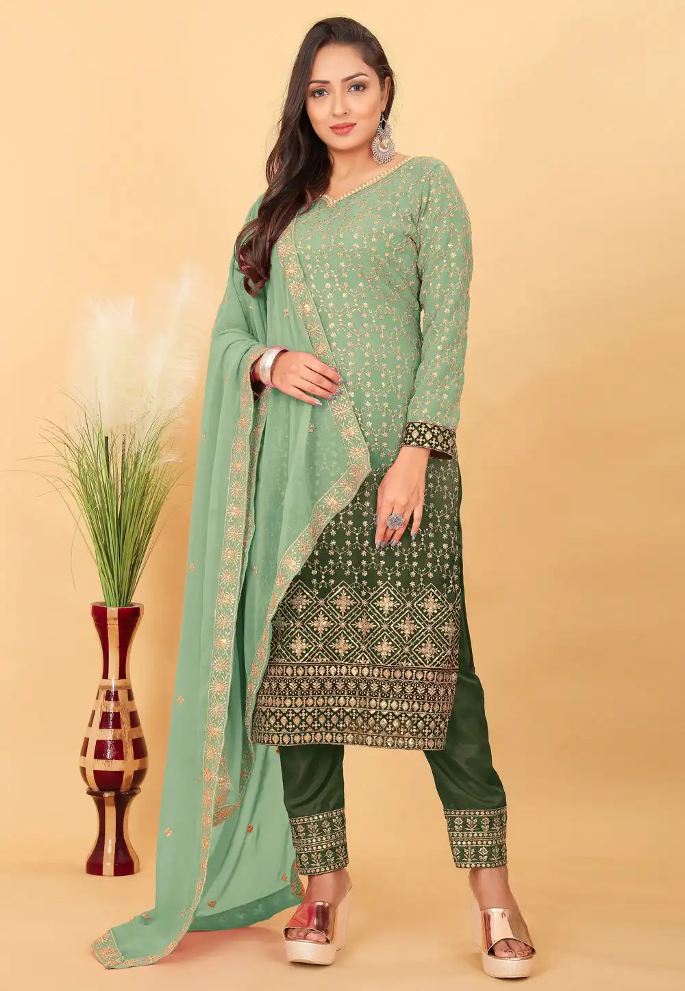 Sea Green Faux Georgette Pant Style Suit 291970