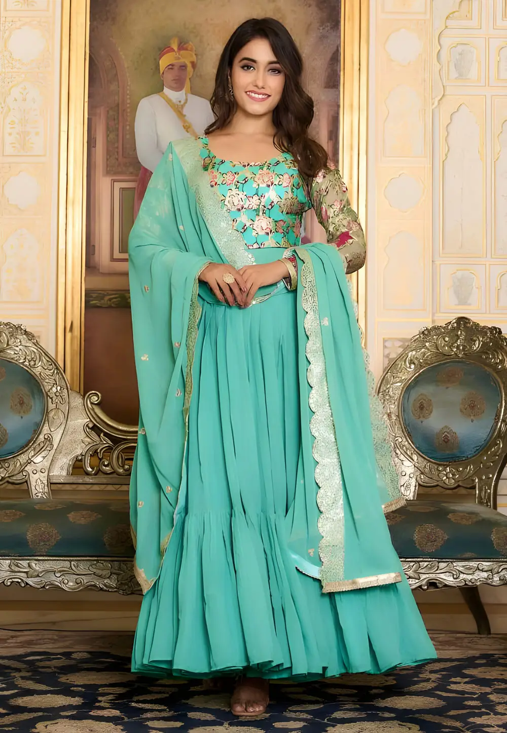 Sea Green Faux Georgette Readymade Anarkali Suit 295218