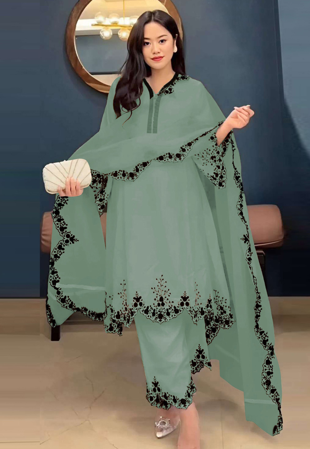 Sea Green Faux Georgette Readymade Pant Style Suit 309309