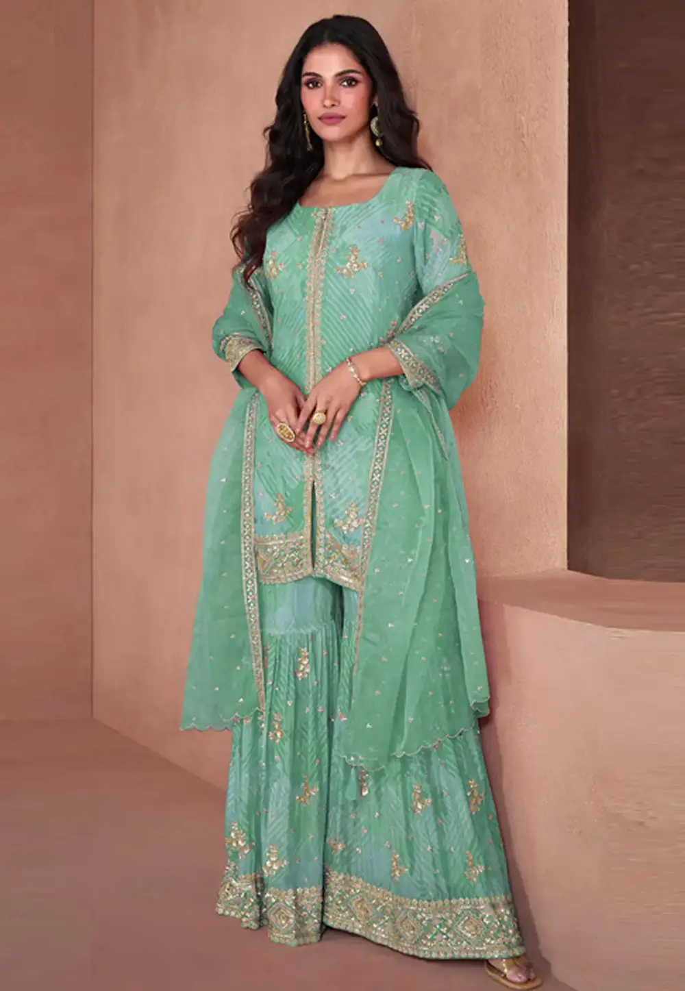 Sea Green Faux Georgette Readymade Sharara Suit 295151