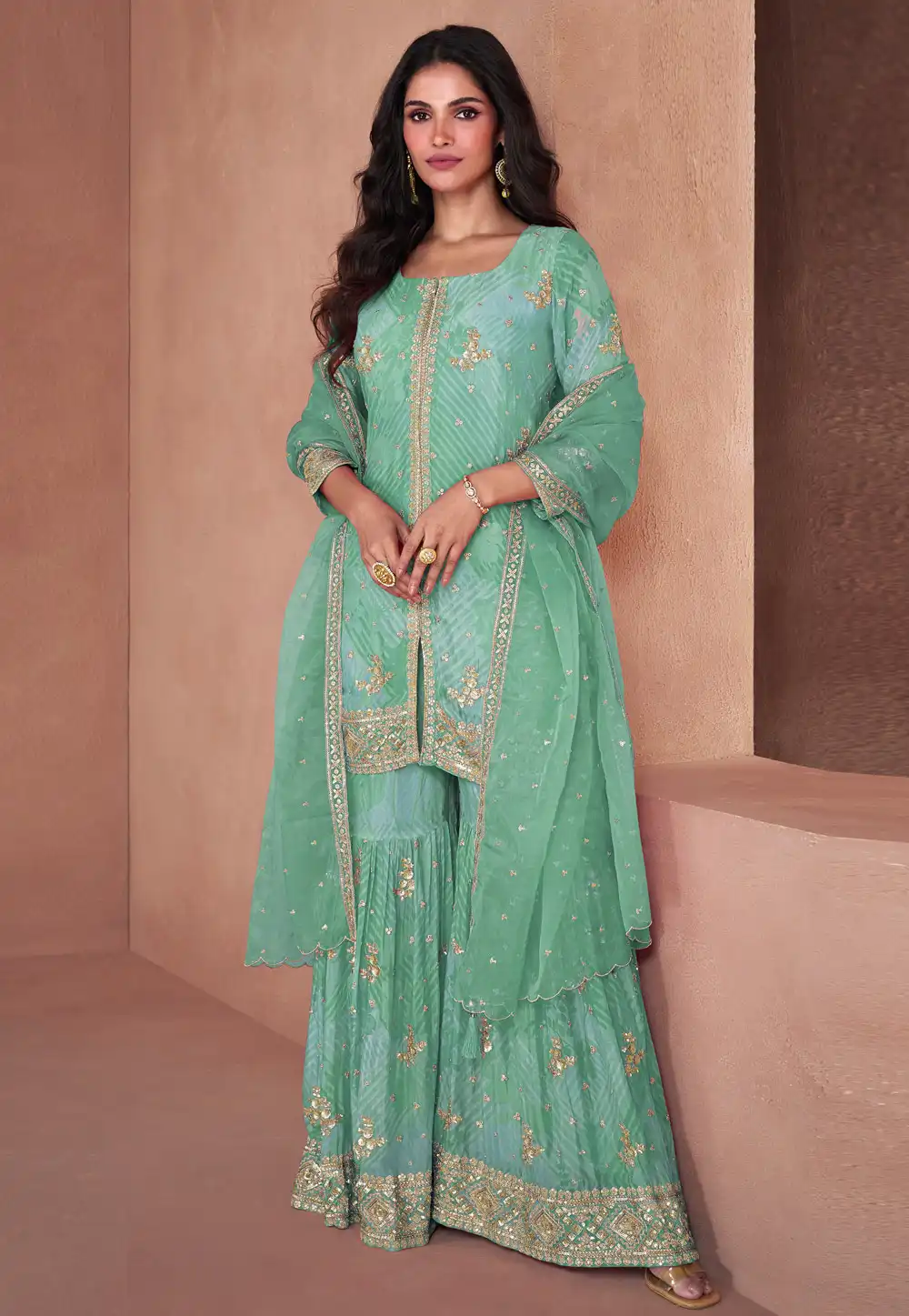 Sea Green Faux Georgette Readymade Sharara Suit 295151