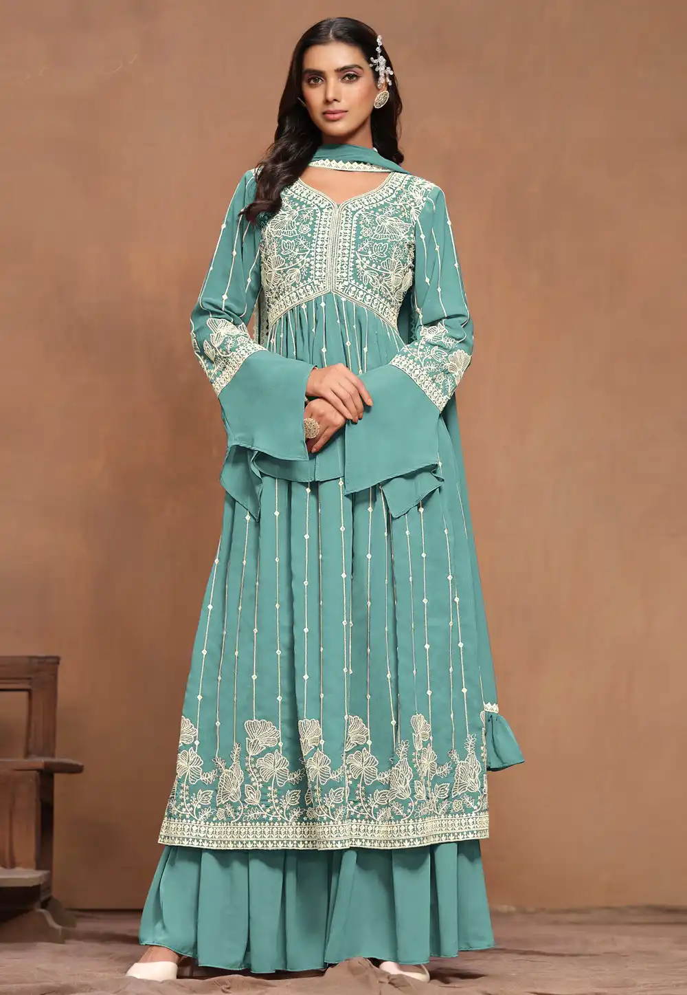 Sea Green Faux Georgette Sharara Suit 294432