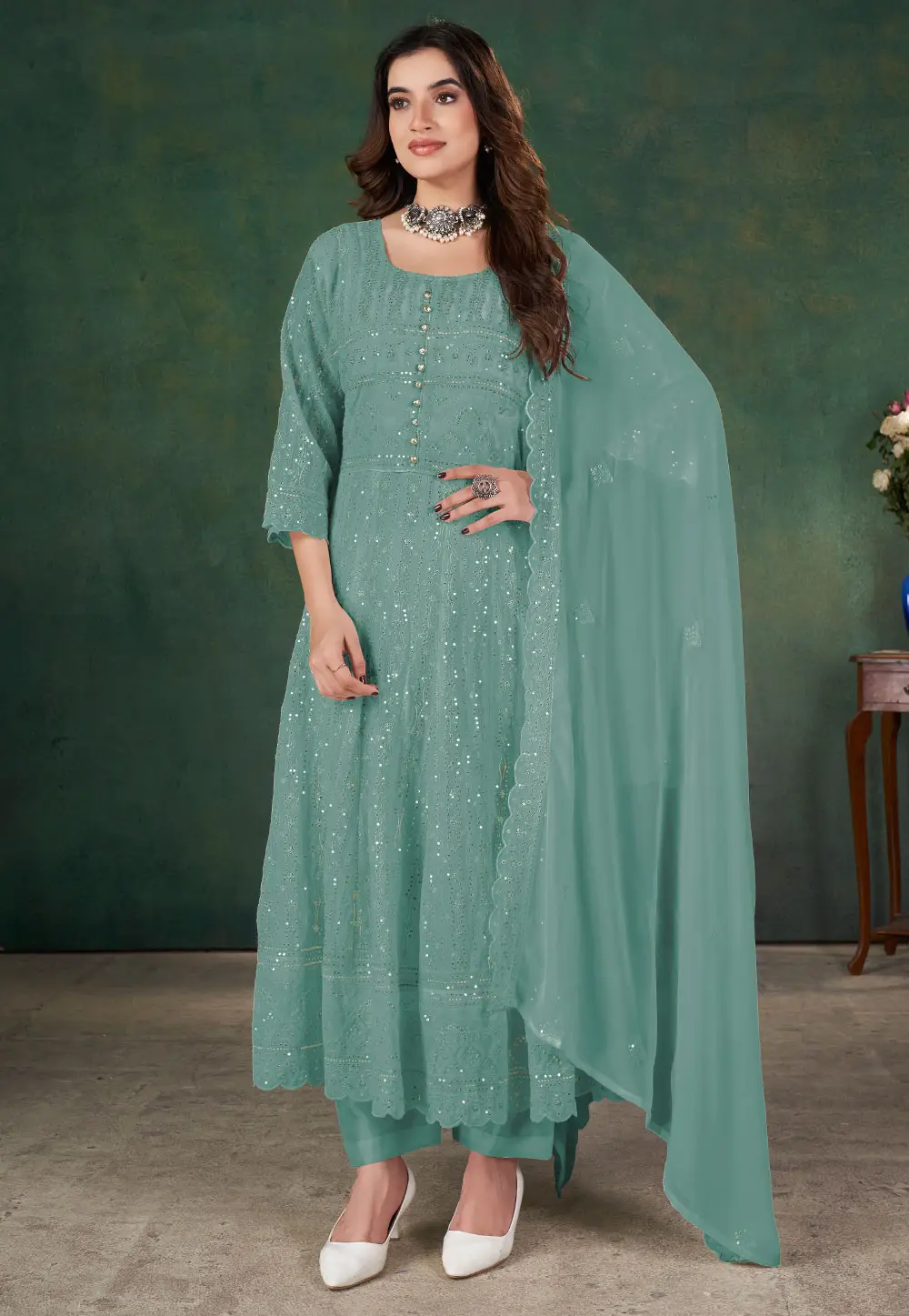 Sea Green Georgette Anarkali Suit 295225