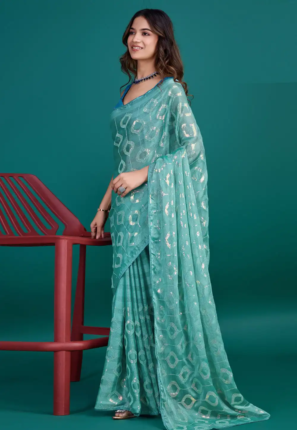 Sea Green Georgette Chiffon Saree With Blouse 294126