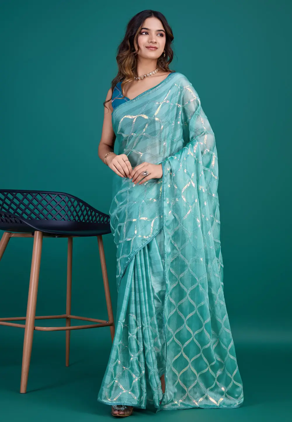 Sea Green Georgette Chiffon Sequence Saree 295317