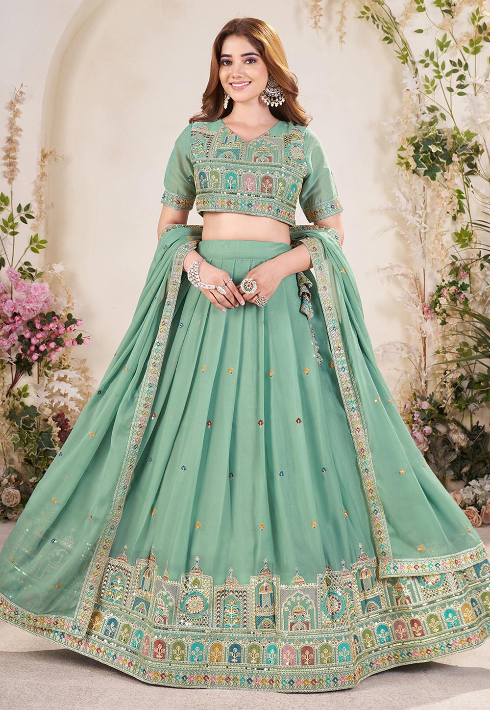 Sea Green Georgette Lehenga Choli 310952
