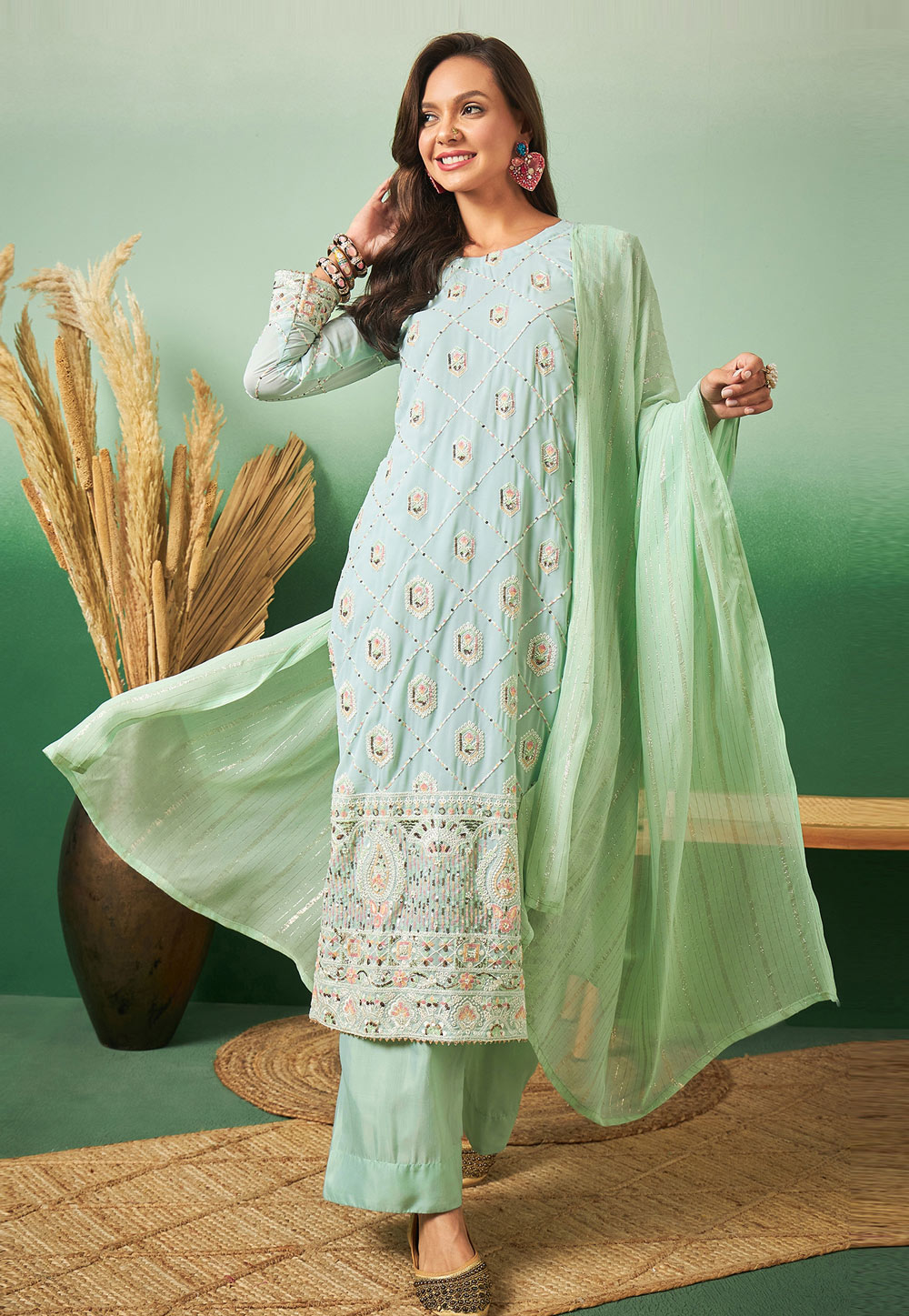 Sea Green Georgette Palazzo Suit 281859