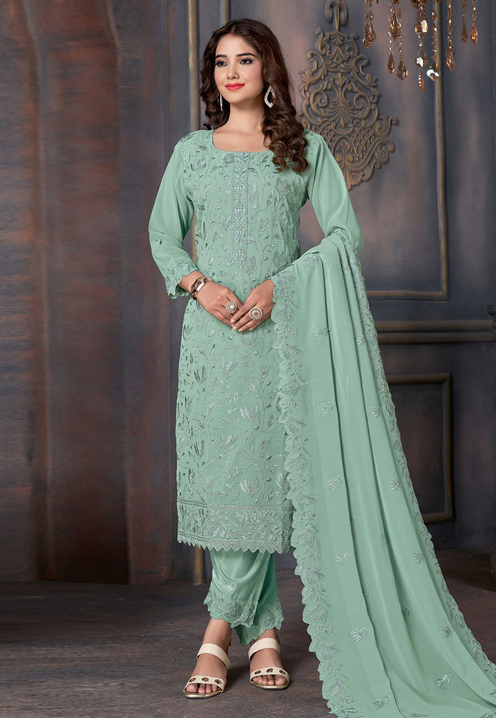 Sea Green Georgette Pant Style Suit 281038
