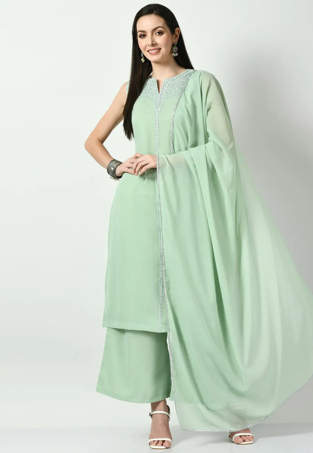 Sea Green Georgette Readymade Palazzo Suit 299402