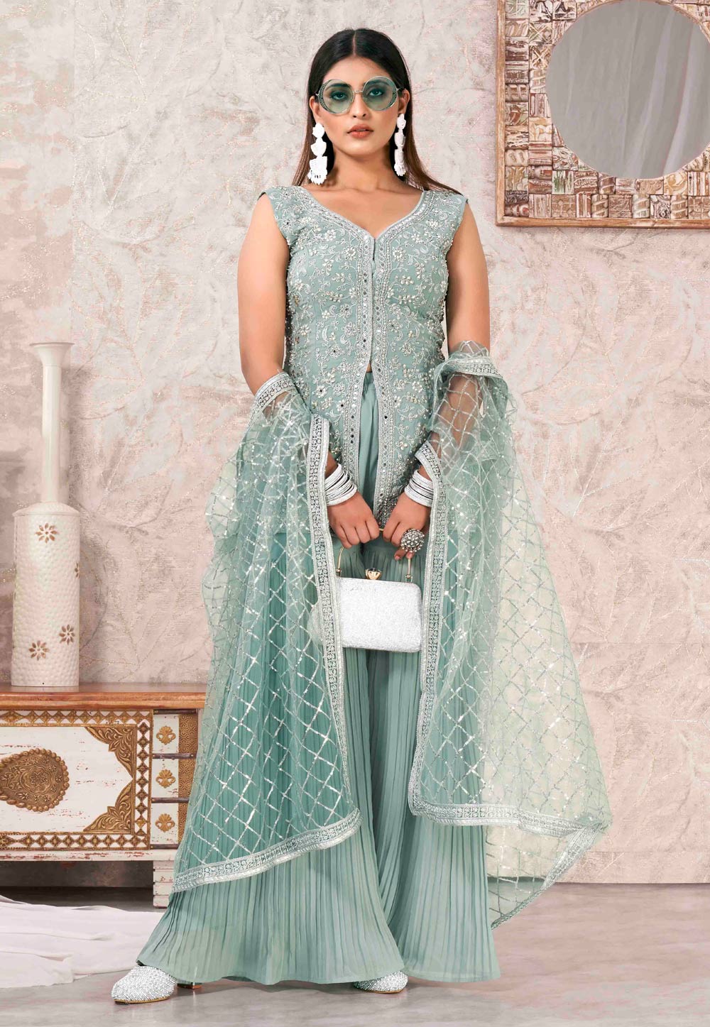 Sea Green Georgette Readymade Sharara Suit 286521