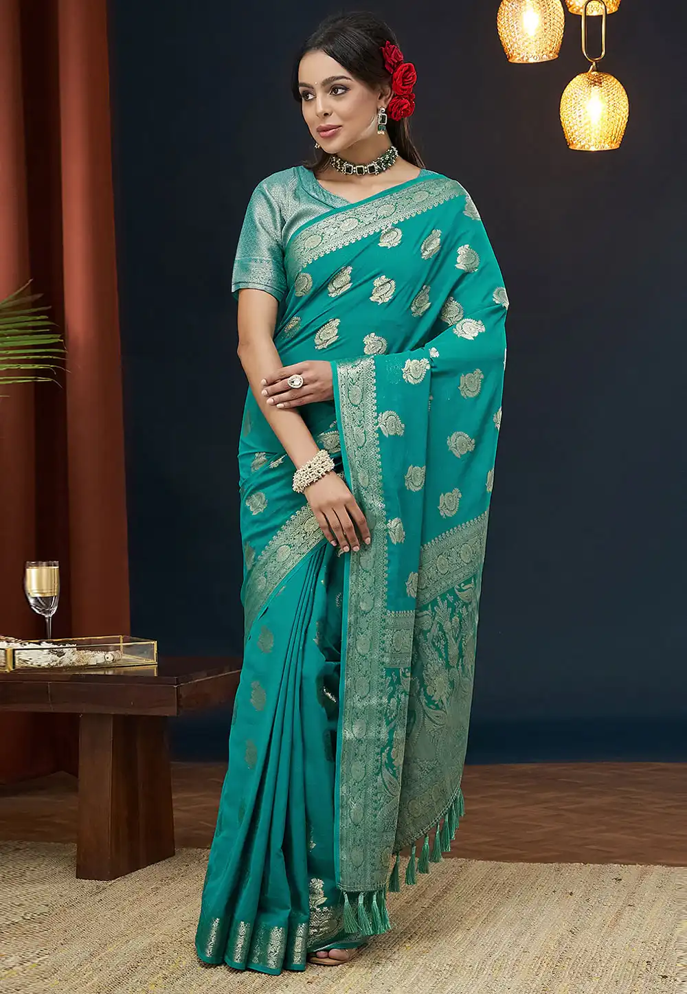 Sea Green Georgette Saree With Blouse 293493