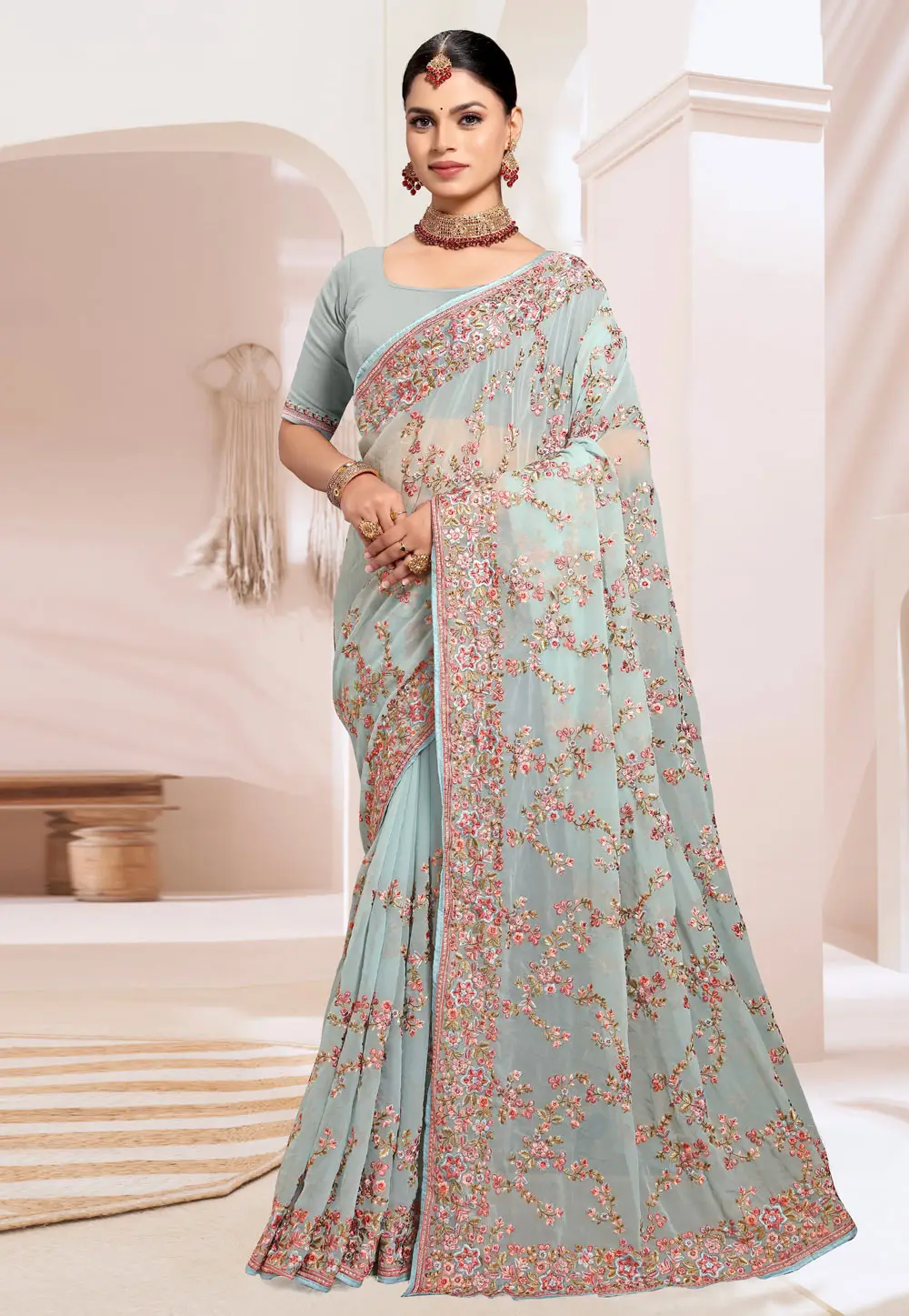 Sea Green Georgette Saree With Blouse 296433