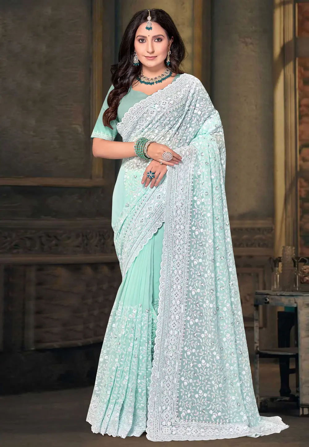 Sea Green Georgette Saree With Blouse 298625