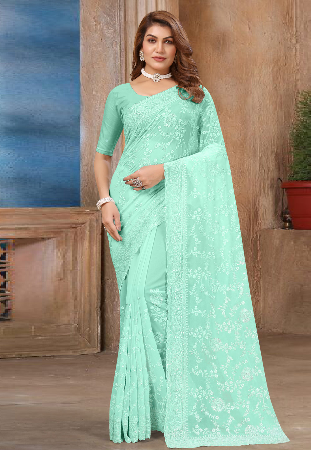 Sea Green Georgette Saree With Blouse 309252