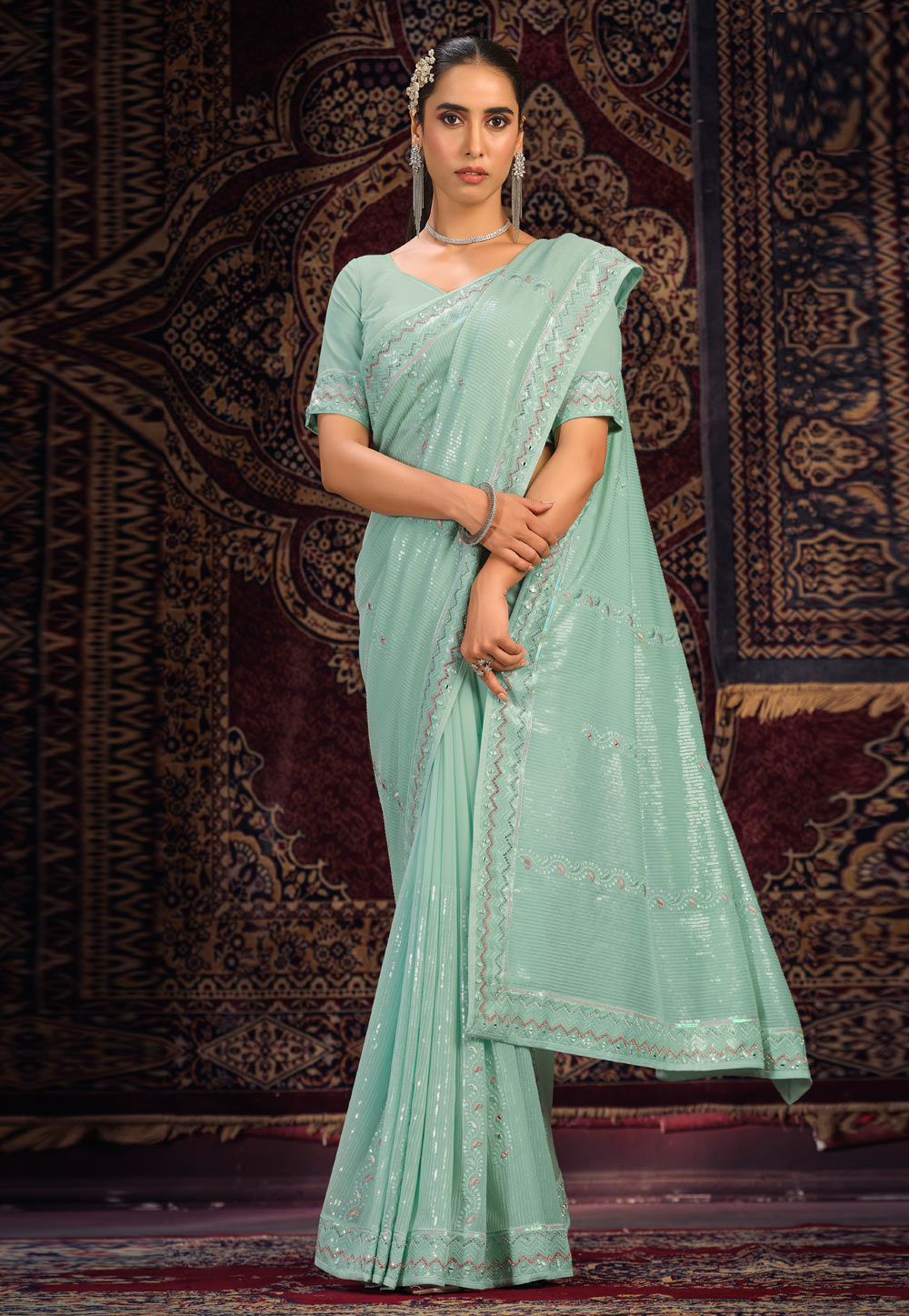 Sea Green Georgette Saree With Blouse 287553