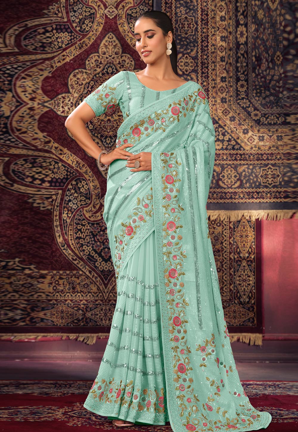 Sea Green Georgette Saree With Blouse 287557