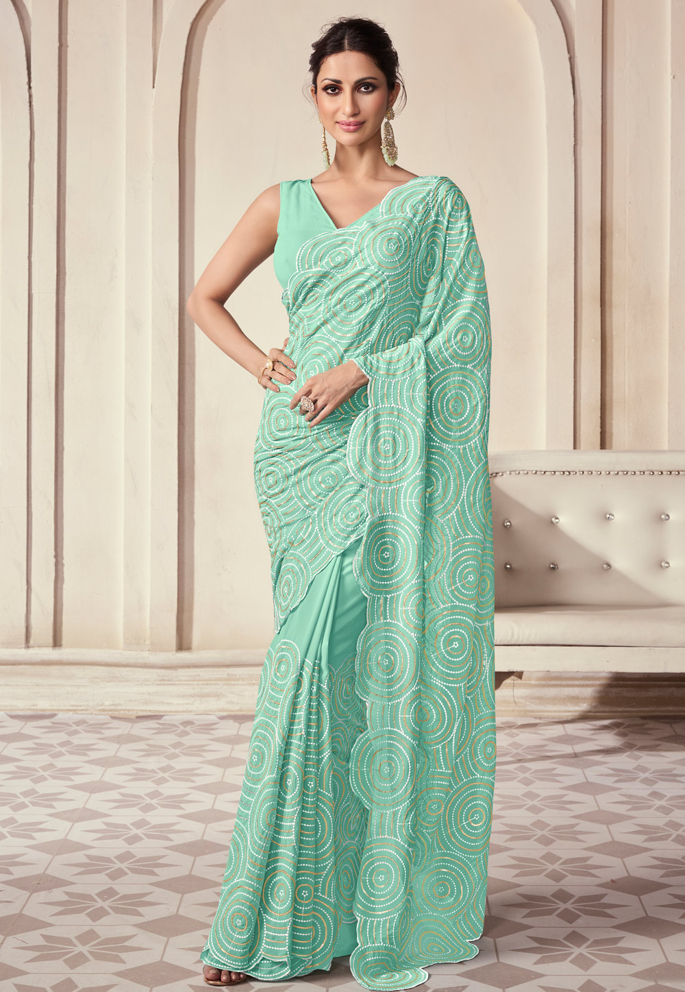 Sea Green Georgette Saree With Blouse 281981