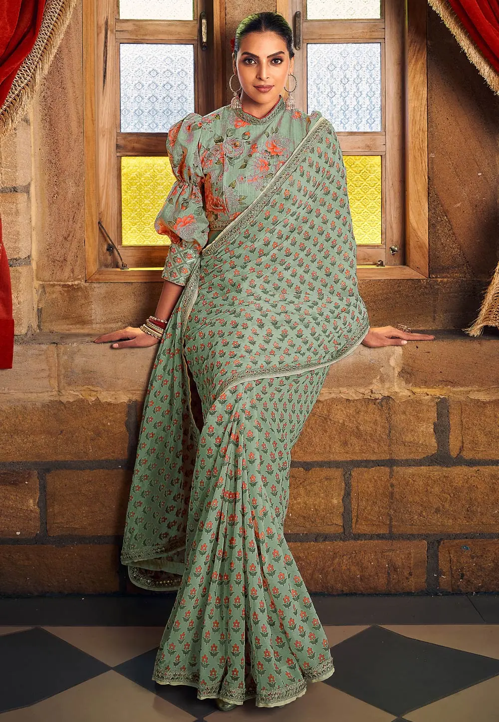 Sea Green Georgette Saree With Blouse 298387